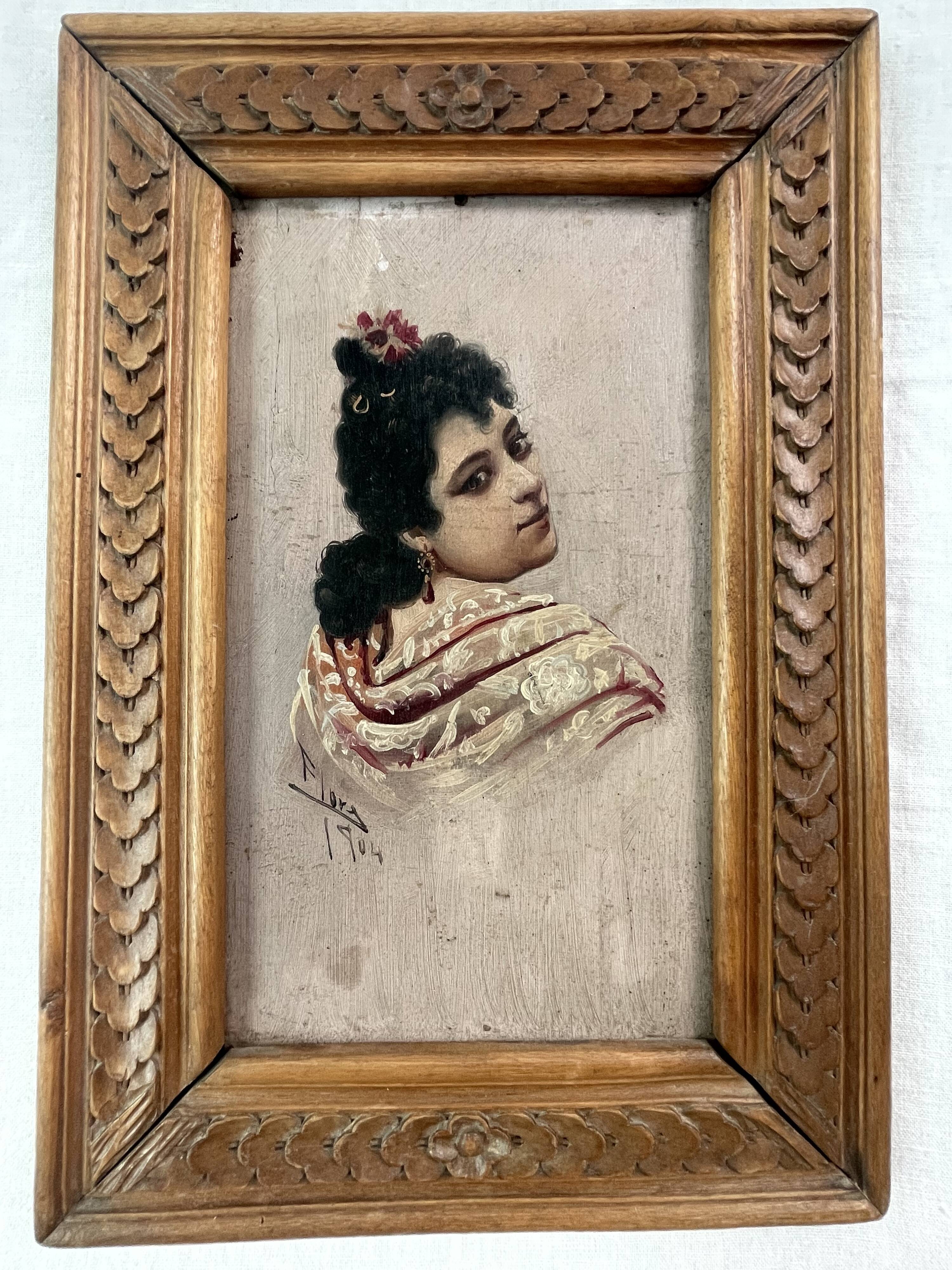 Old portrait signed "Flora" – Oil on wood dated 1904 – Carved frame