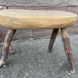 Pair of rustic 1940 brutalist wooden tripod farm stools vintage