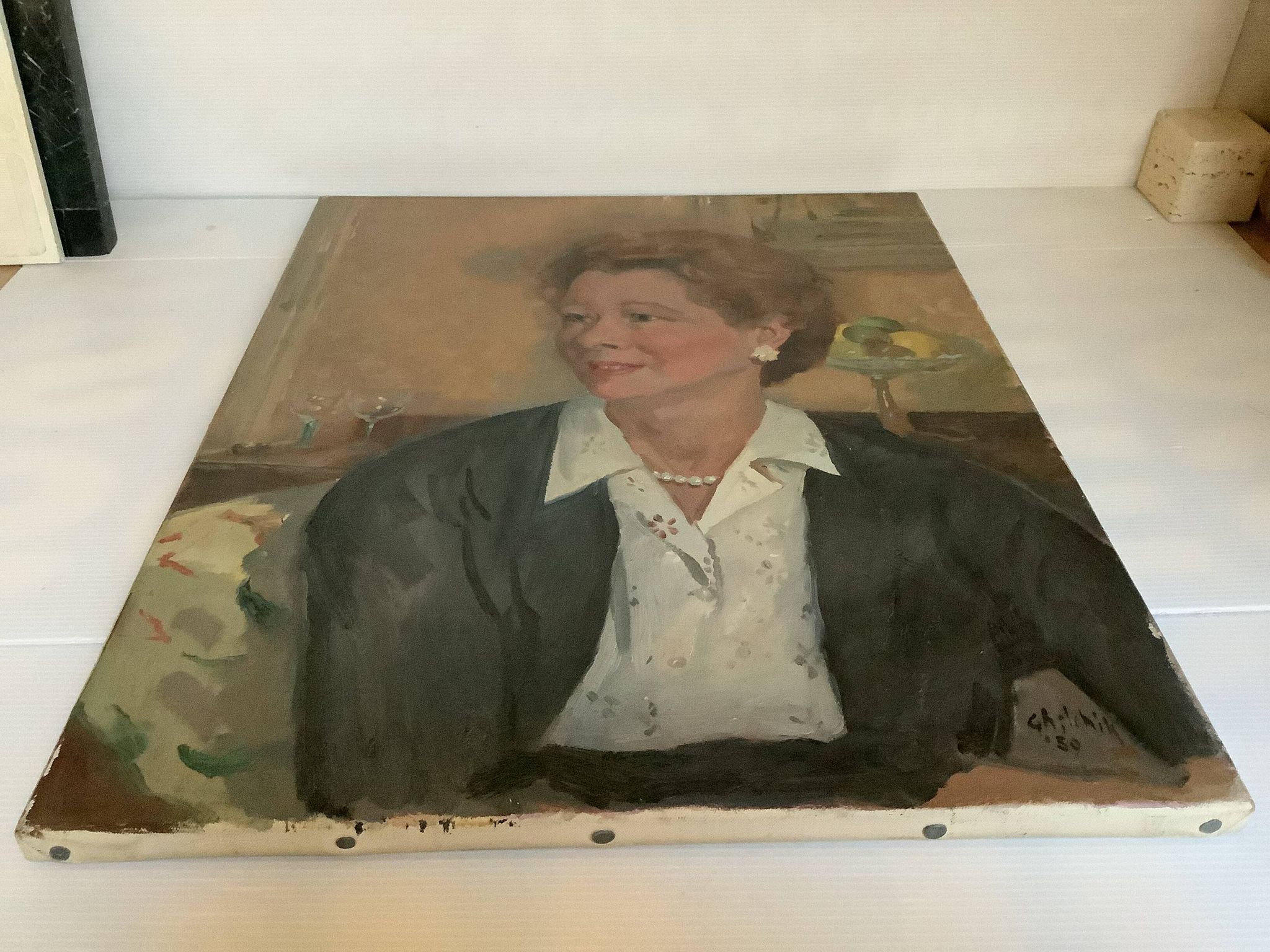 Large portrait painting of a woman, oil on canvas, signed.