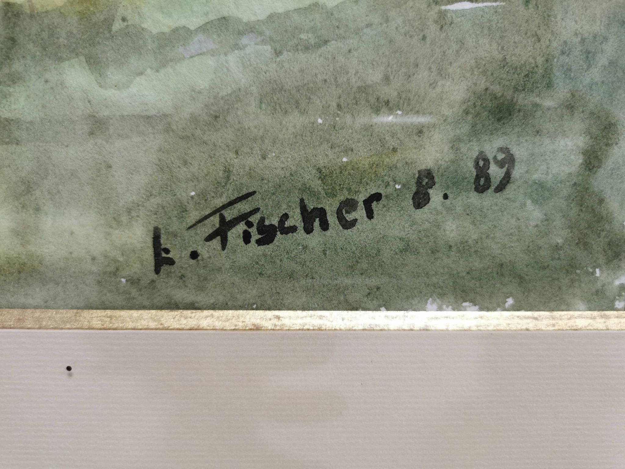 Painting / Beautiful Watercolor signed L. FISCHER 8.89, landscape on the banks of the river