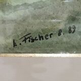 Painting / Beautiful Watercolor signed L. FISCHER 8.89, landscape on the banks of the river