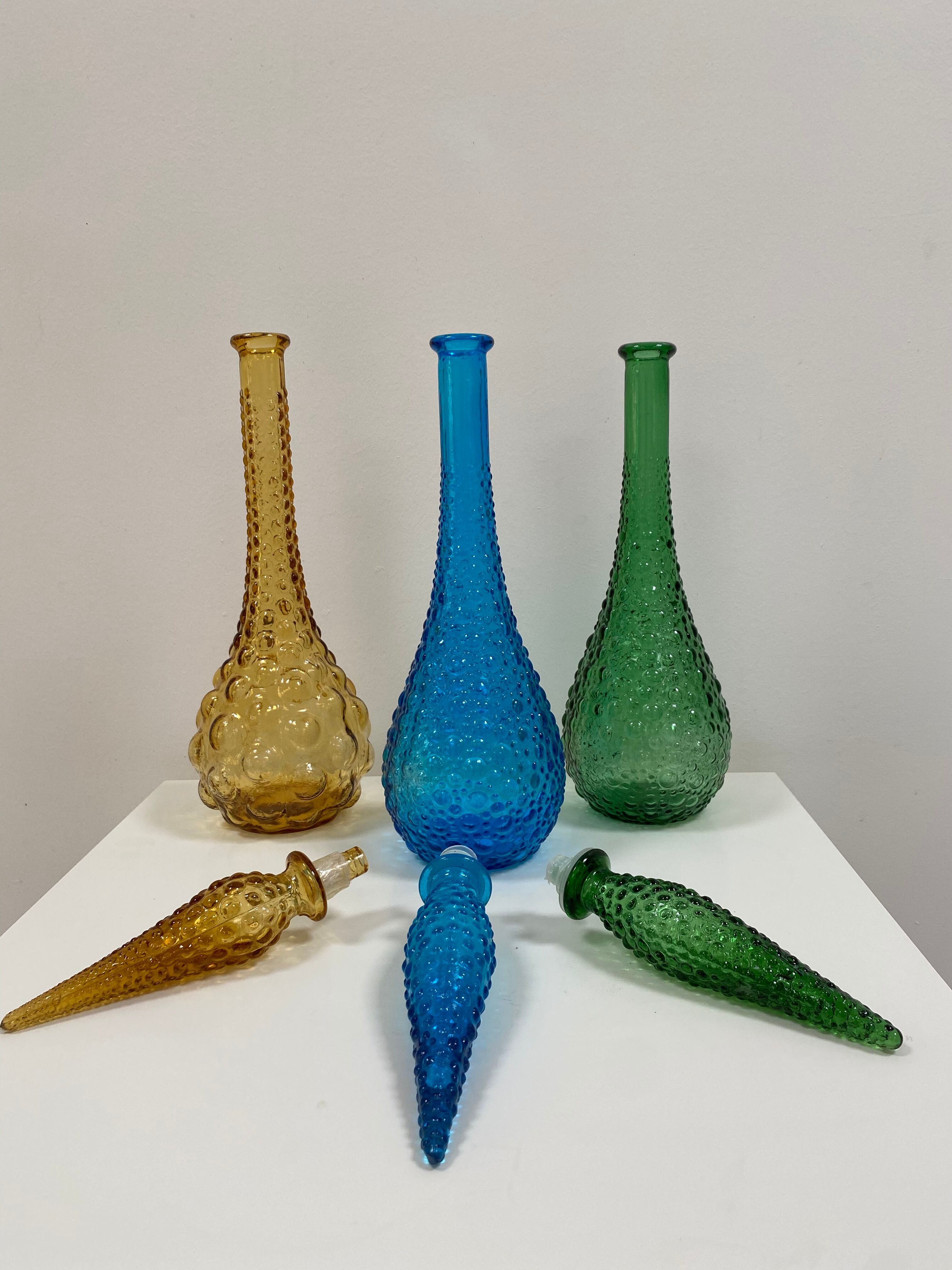 Set of 3 large Empoli decanters from the 60s