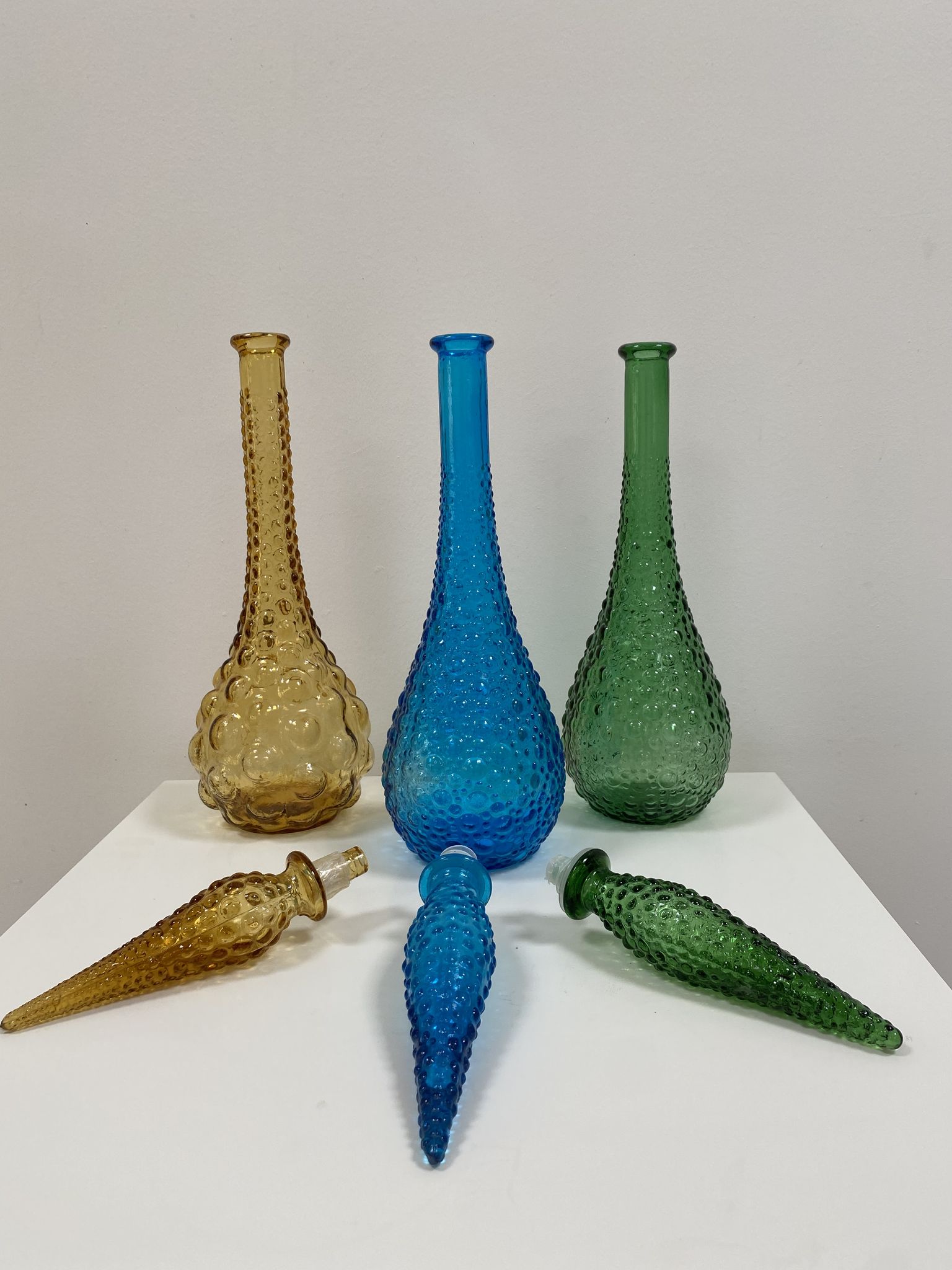 Set of 3 large Empoli decanters from the 60s