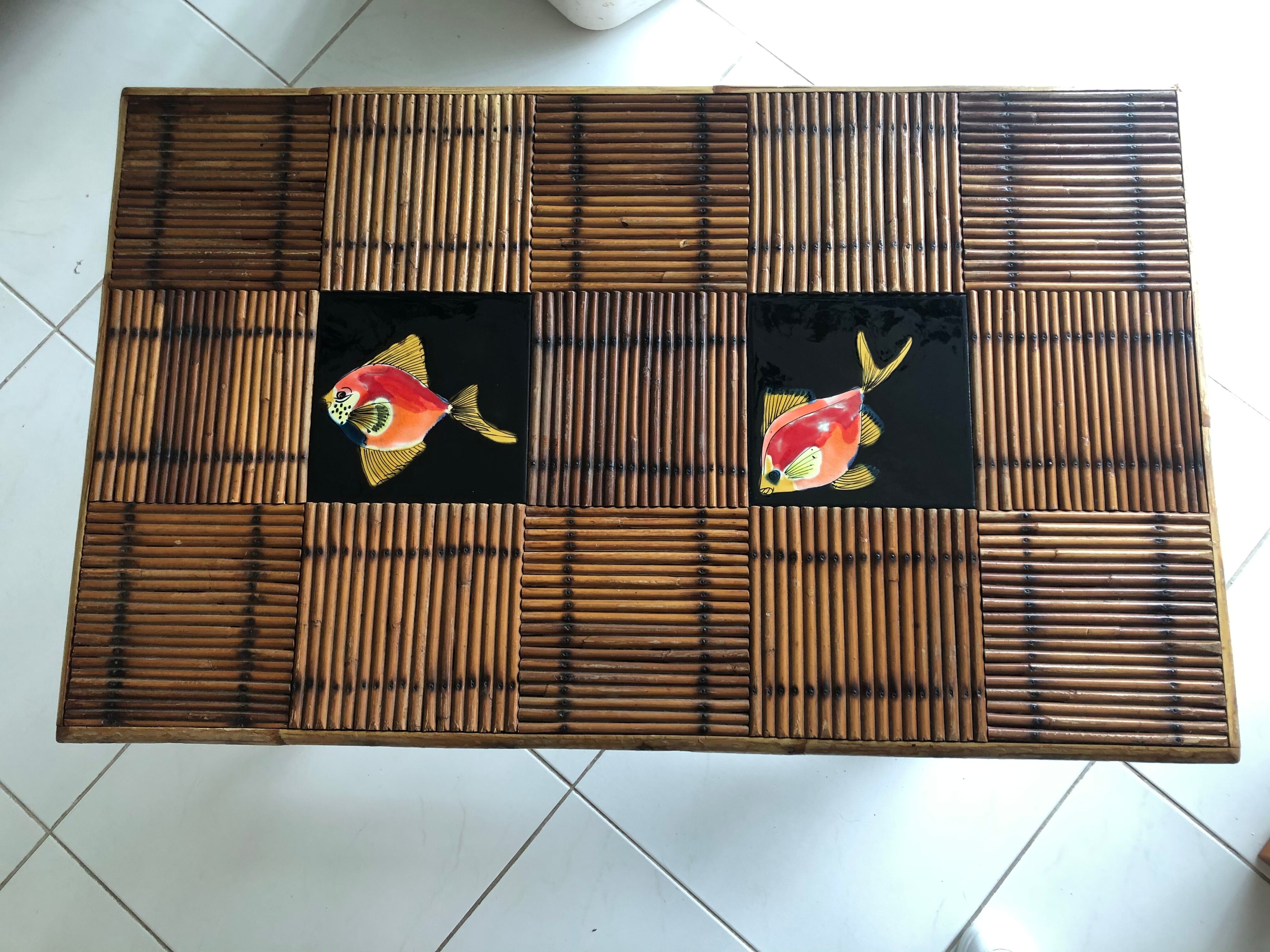 Table basse rotin et céramique 1960