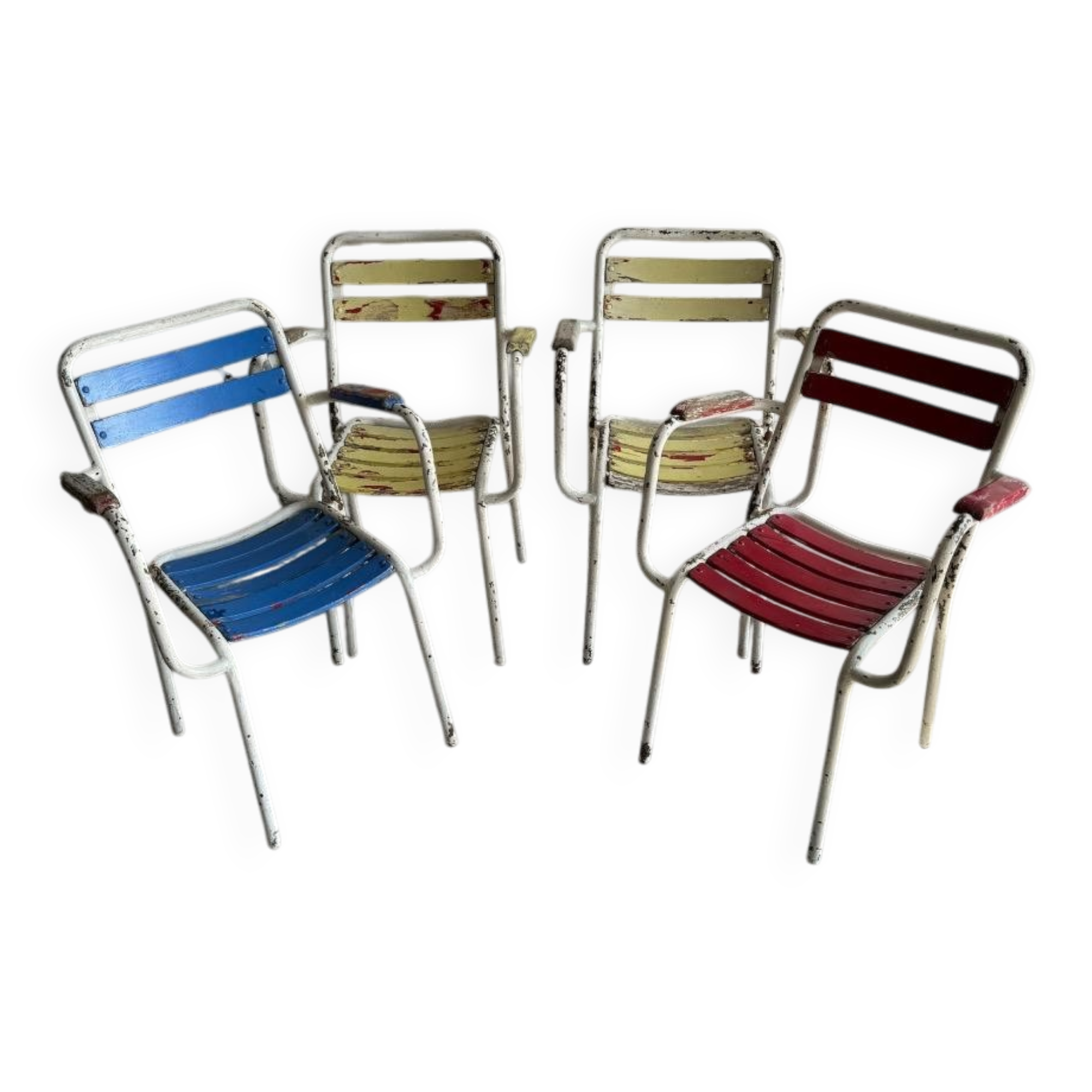 Vintage white metal and lacquered wood garden chairs from the 1970s — set of 3, multicoloured slats.