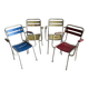 Vintage white metal and lacquered wood garden chairs from the 1970s — set of 3, multicoloured slats.