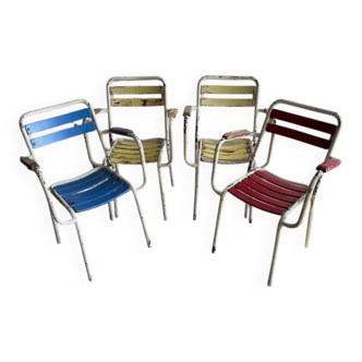 Chaises de jardin vintage années 1970 en métal blanc et bois laqué — lot de 3, lattes multicolores