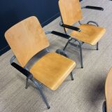 Set of 4 school armchairs with high wooden backs and anthracite grey legs, Netherlands