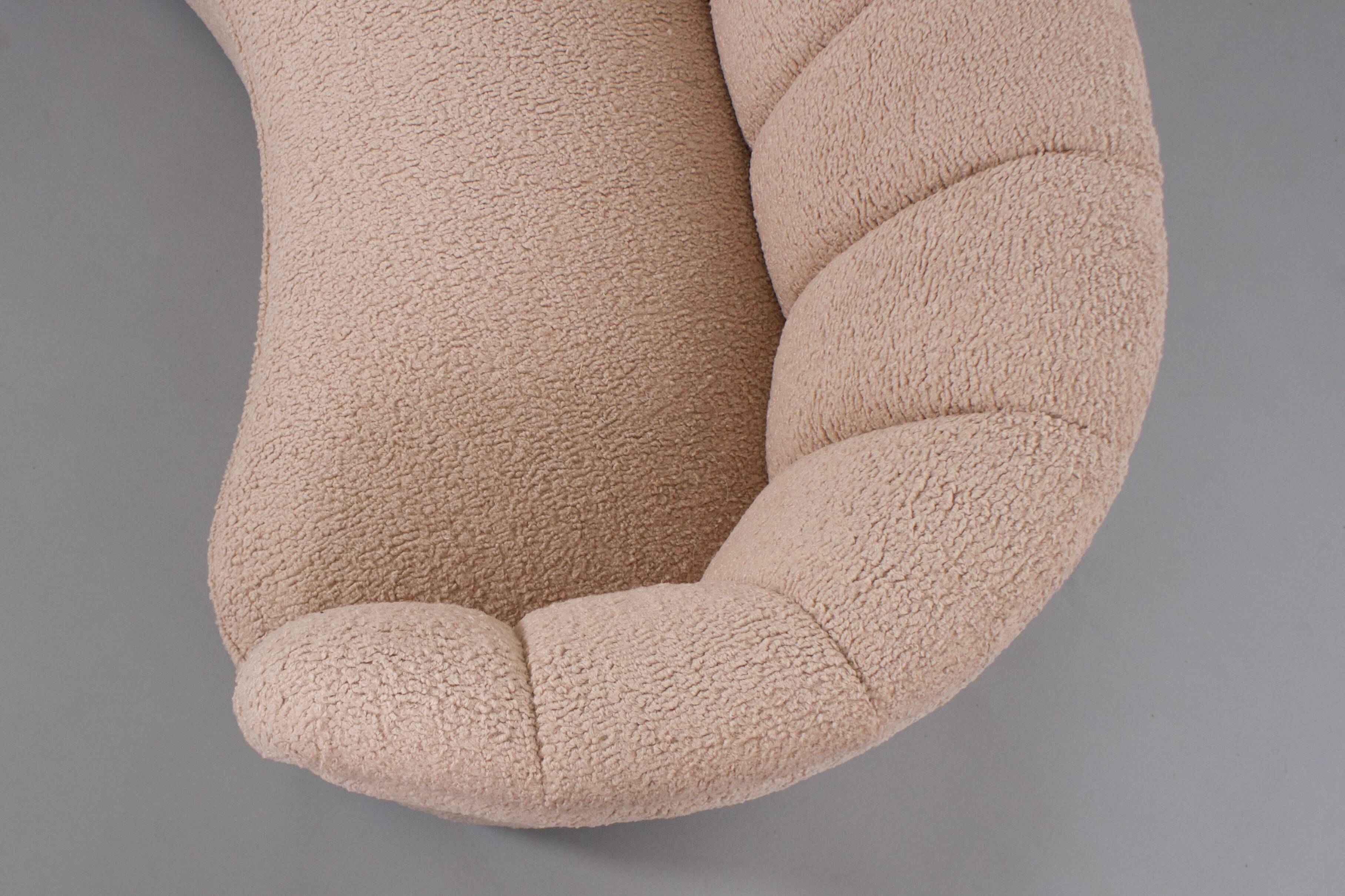 Danish curved banana sofa in a powder pink wool fabric, 1940s