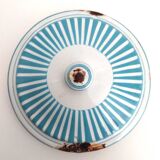 Old Spice Pot SUCRE in blue and white enamelled sheet metal with stripes + a garland of roses