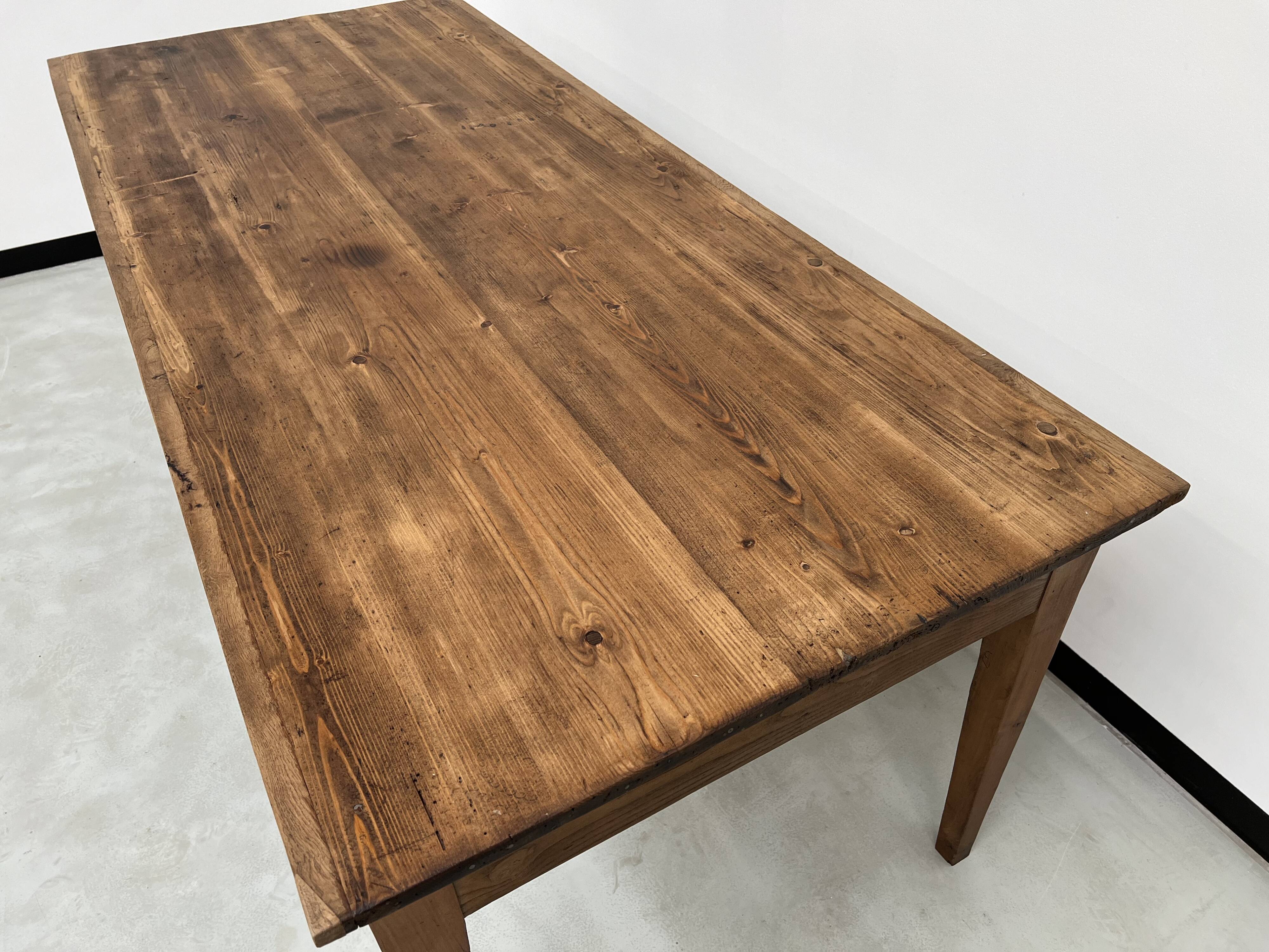 Antique farm table, fully restored, with 3 drawers