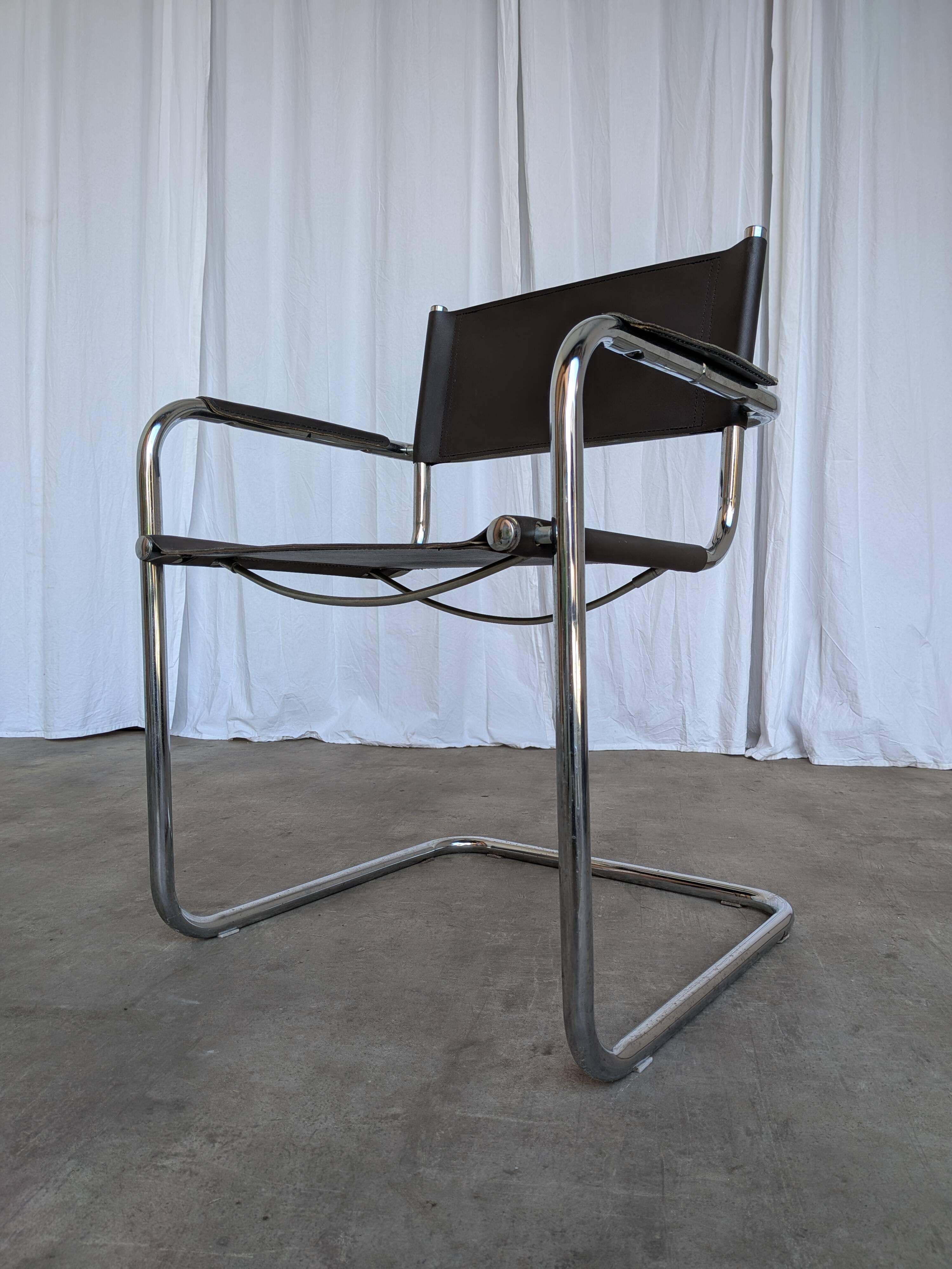 Vintage Mart Stam Style Armchair: Dark Brown Faux Leather Chrome Cantilever