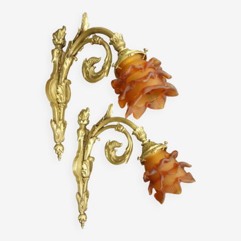 Pair of large 1-light Louis XVI style wall lights - bronze & amber-colored tulip