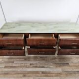 Vintage six-drawer mahogany burl dresser with glass top