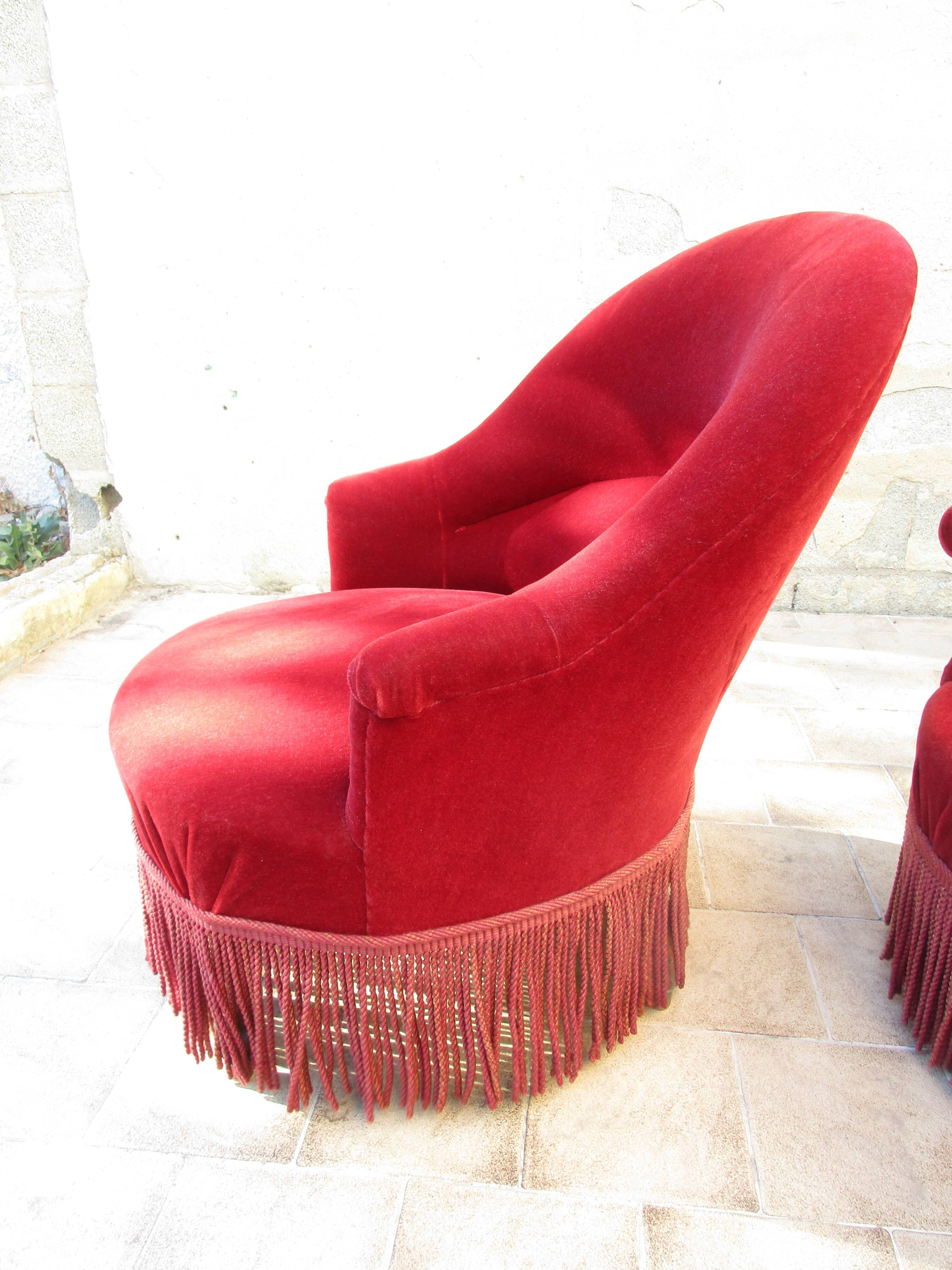 Pair of red velvet toad chairs