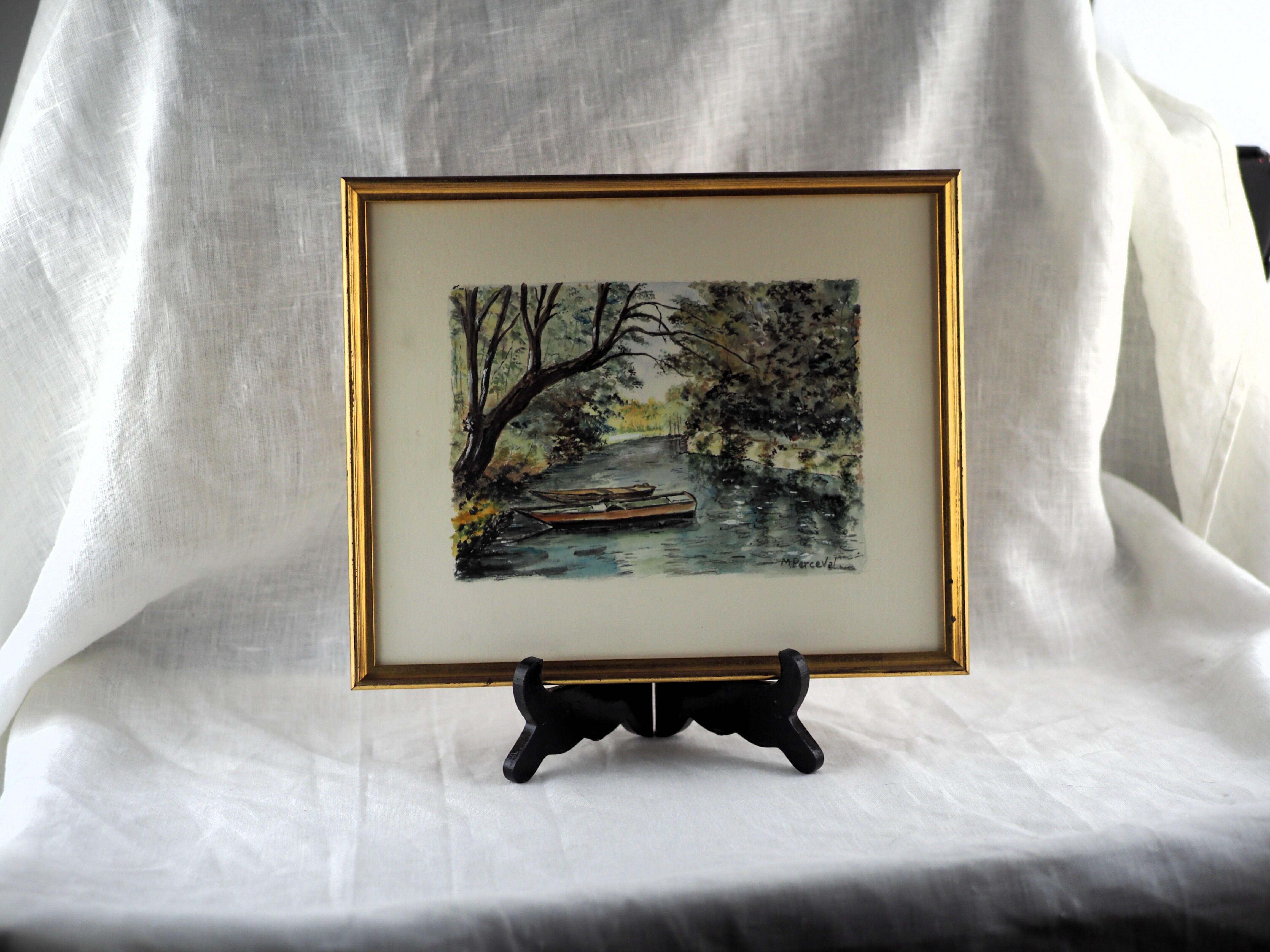 River and its two boats overlooked by a falling willow - Monique Perceval