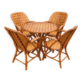 Vintage woven rattan garden set – round table and 4 chairs