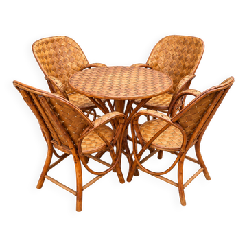Ensemble de jardin vintage en rotin tressé –table ronde et 4 fauteuils