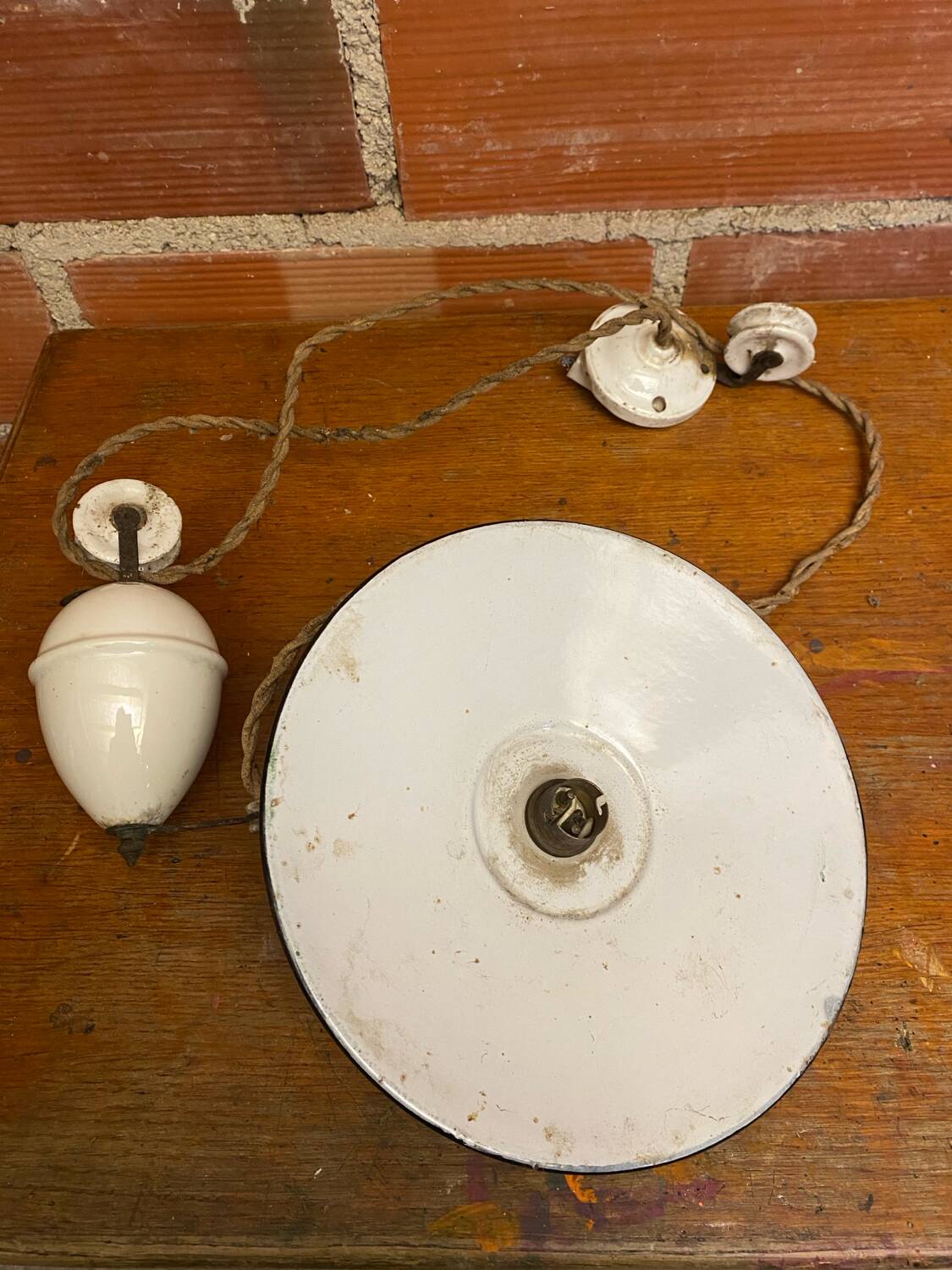 Industrial pendant light, mounted and lowered, green metal + vintage porcelain