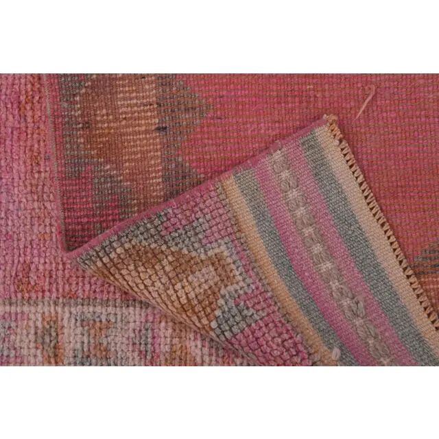 1970s Vintage Turkish Hand-Knotted Wool Cotton Pink Runner Rug 110x361