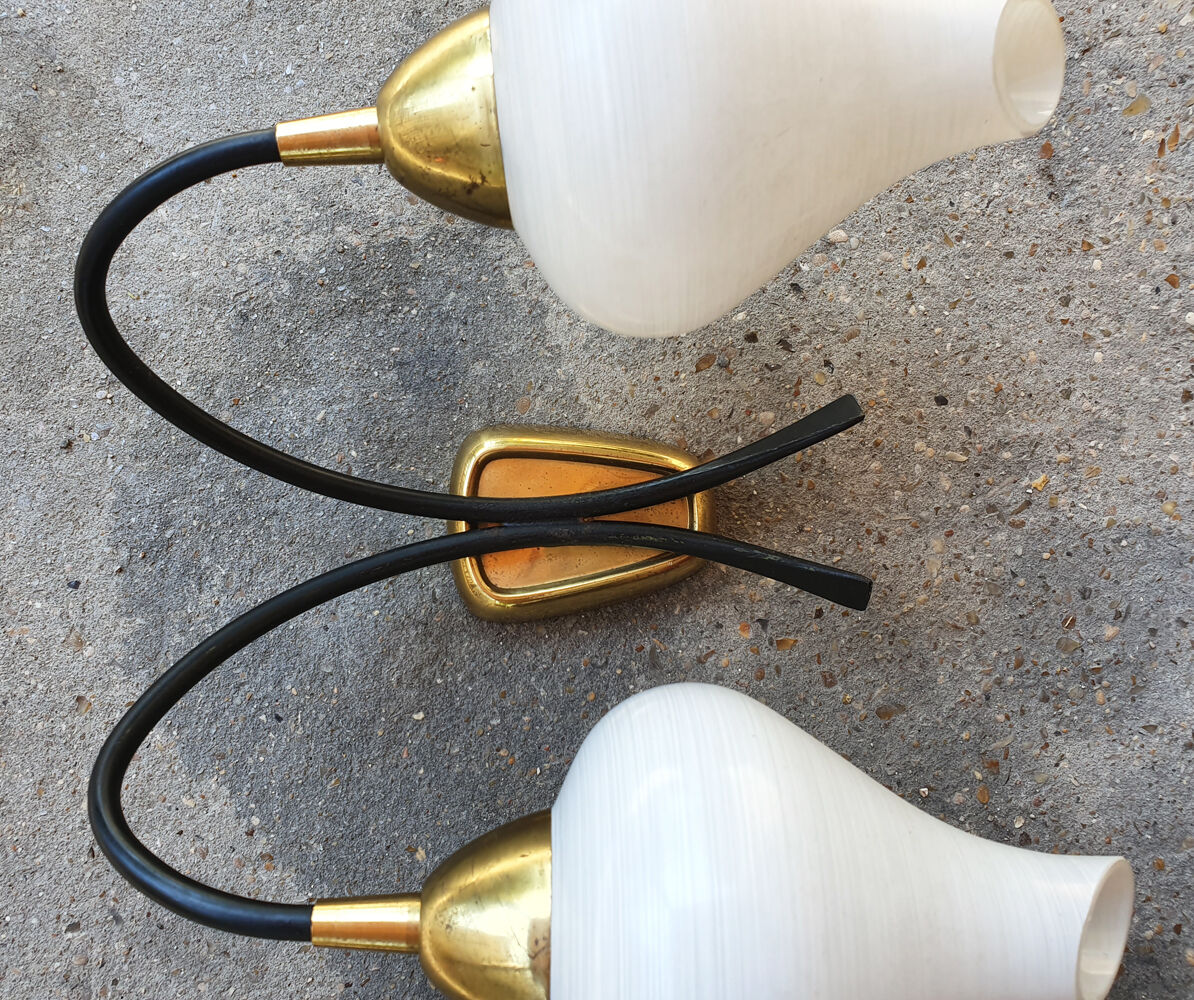 Pair vintage sconces, brass, steel and opaline 1950