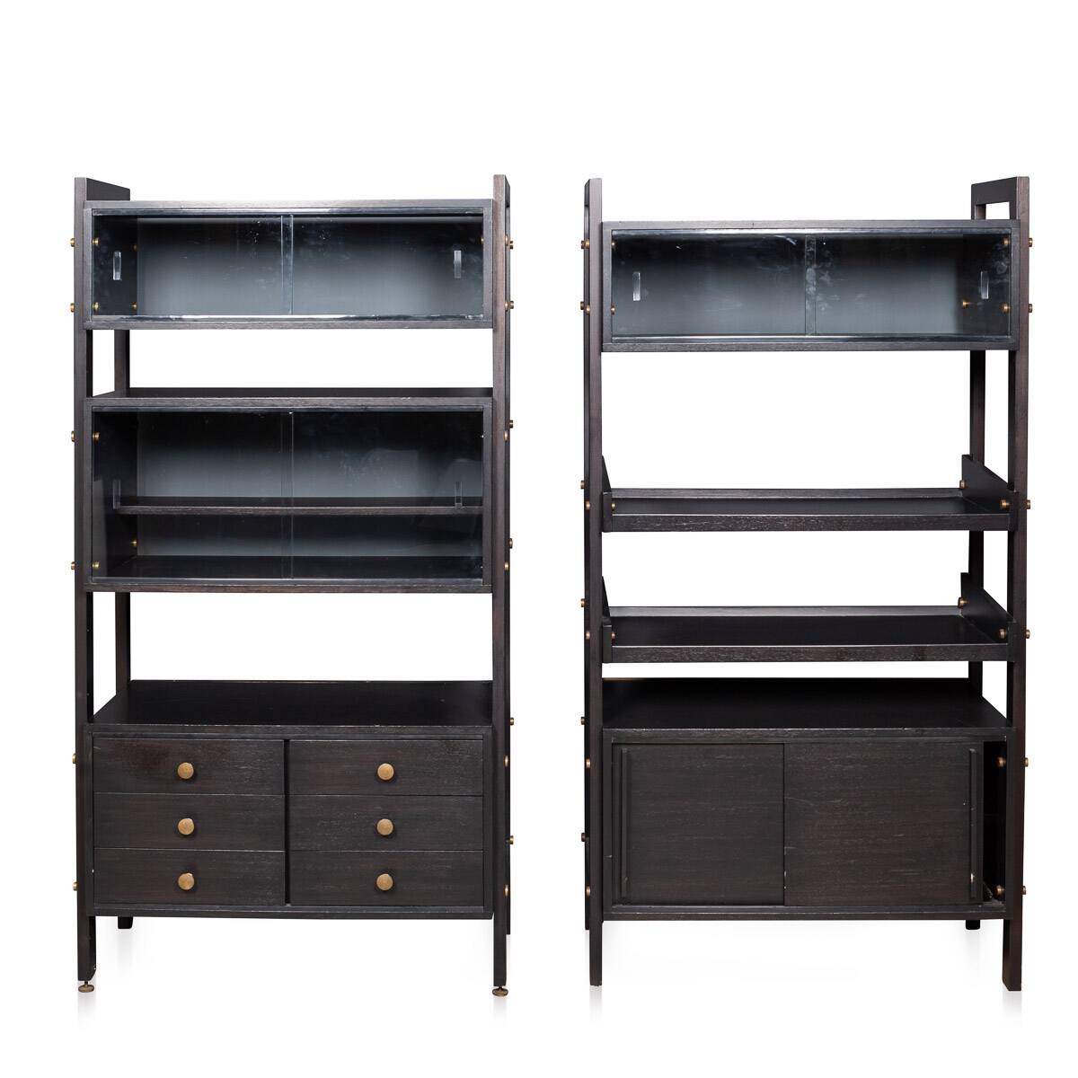 Striking 20thc italian ebonised etageres with open back & storage c.1970