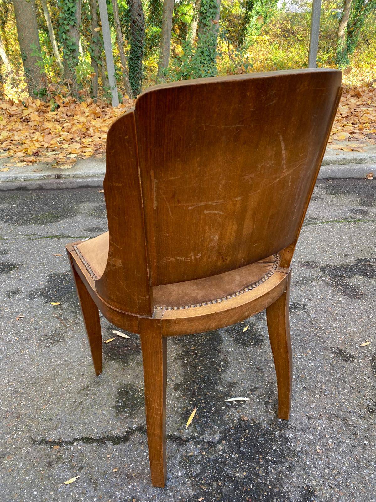 6 Art Deco gondola chairs in solid wood and brown suede