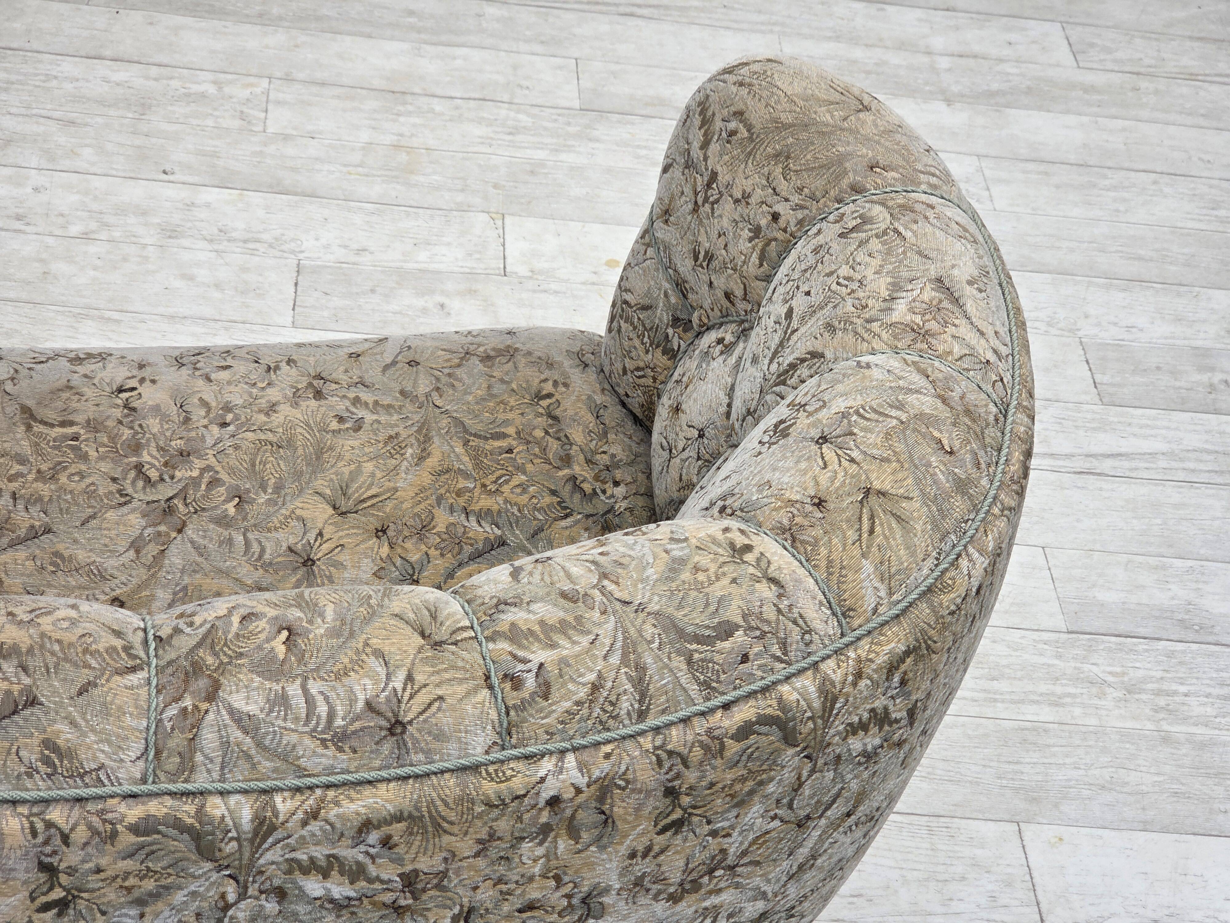 1970s, Danish 3 seater curved sofa, original multicolor furniture fabric.