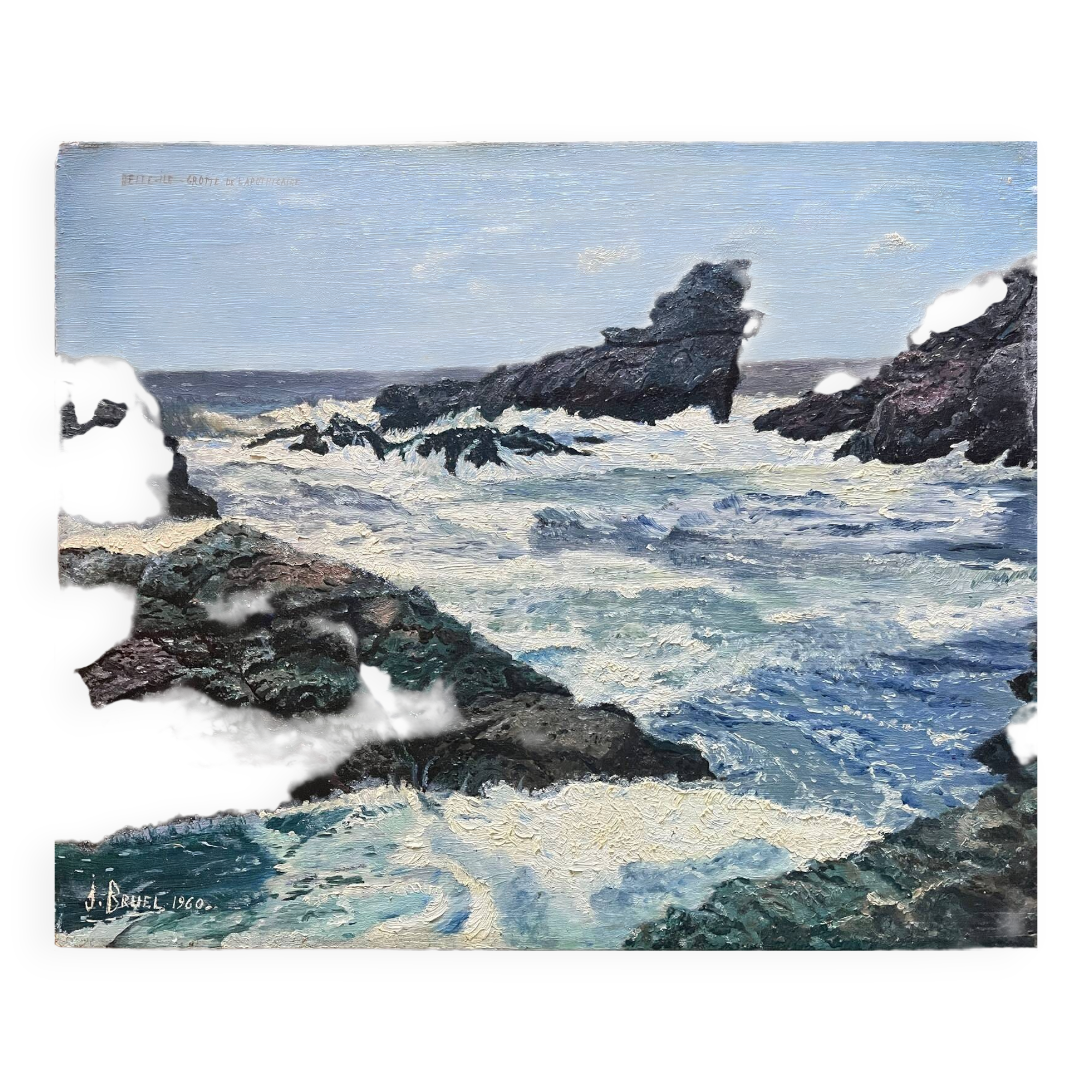 Tableau HSP "Belle-Ile - cave of the apothecary" Marine signed 1960