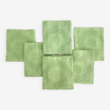 Set of 6 damask napkins, monogrammed MR - Métis - lime green