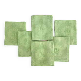 Set of 6 damask napkins, monogrammed MR - Métis - lime green