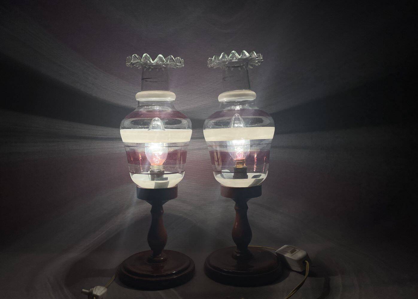 Portuguese Farmhouse rustic wooden table lamps with torch glass shades, 1970s, Set of 2