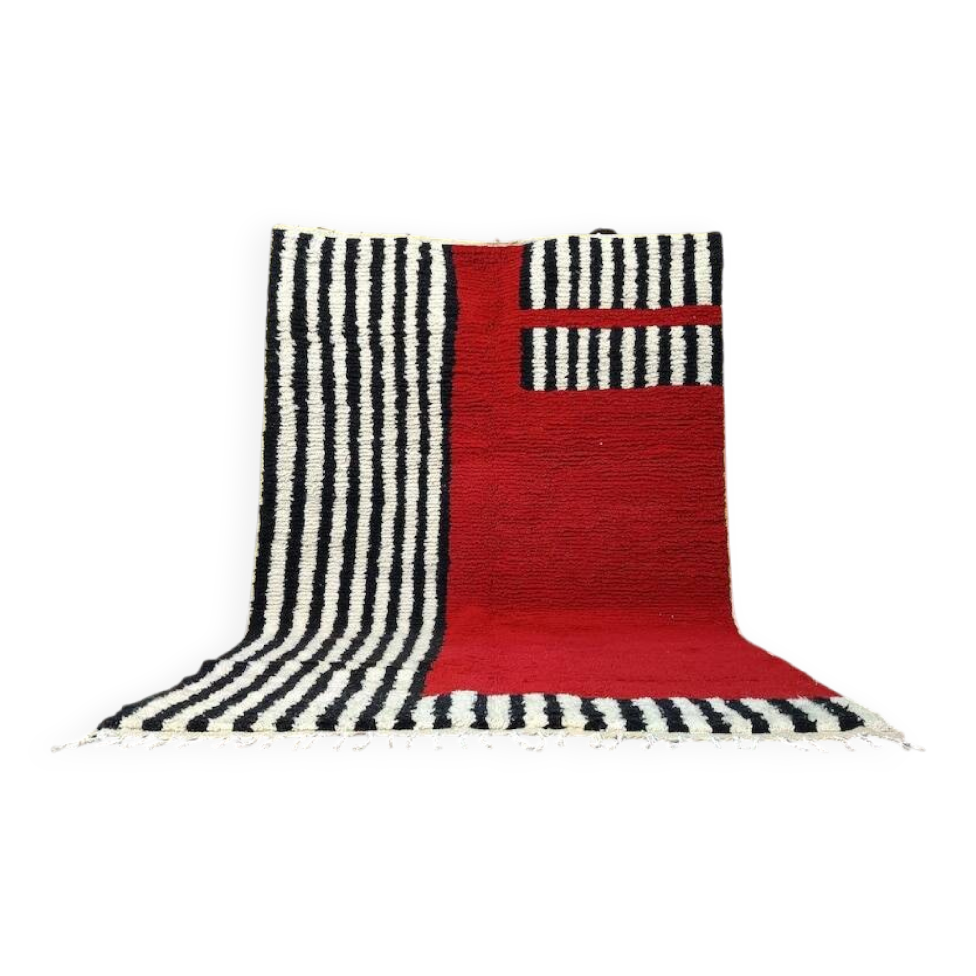 Tapis artisanal rouge et à rayures blanches et noires