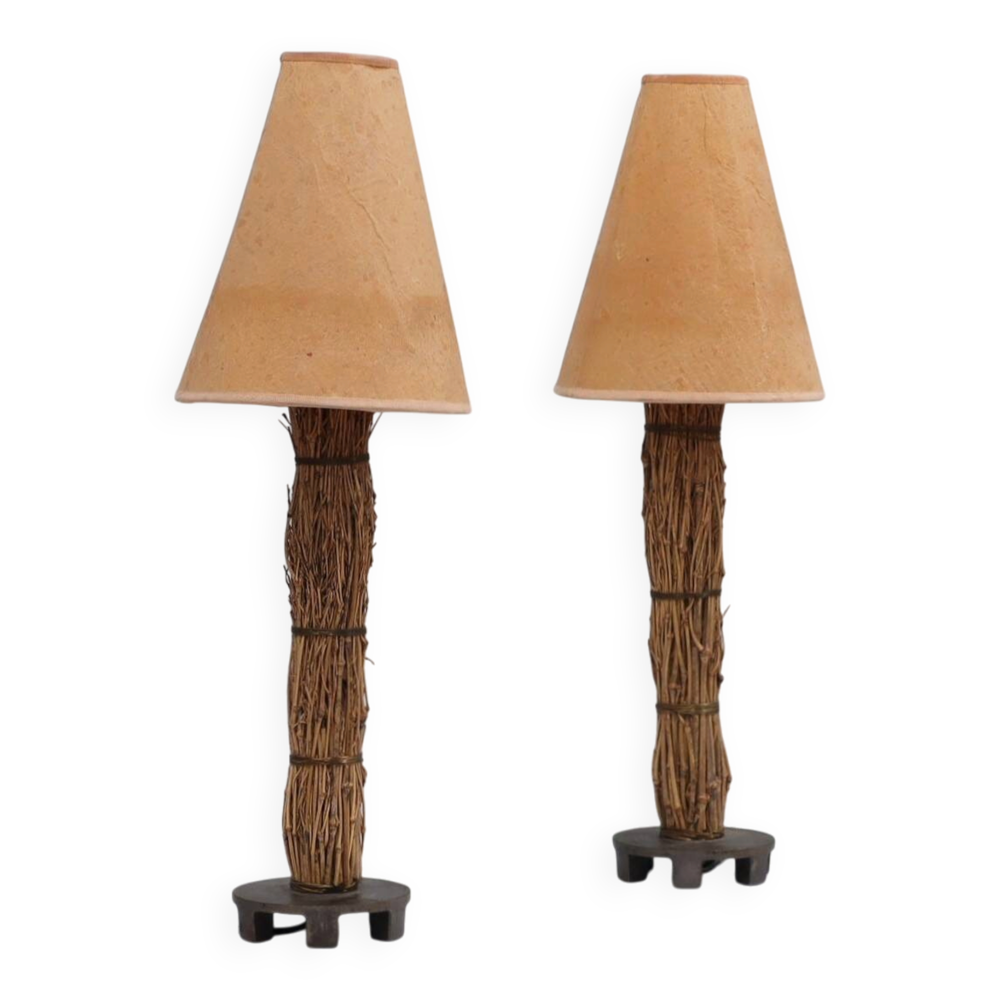 Pair of 1970s Italian decorative table lamps raphia & parchment