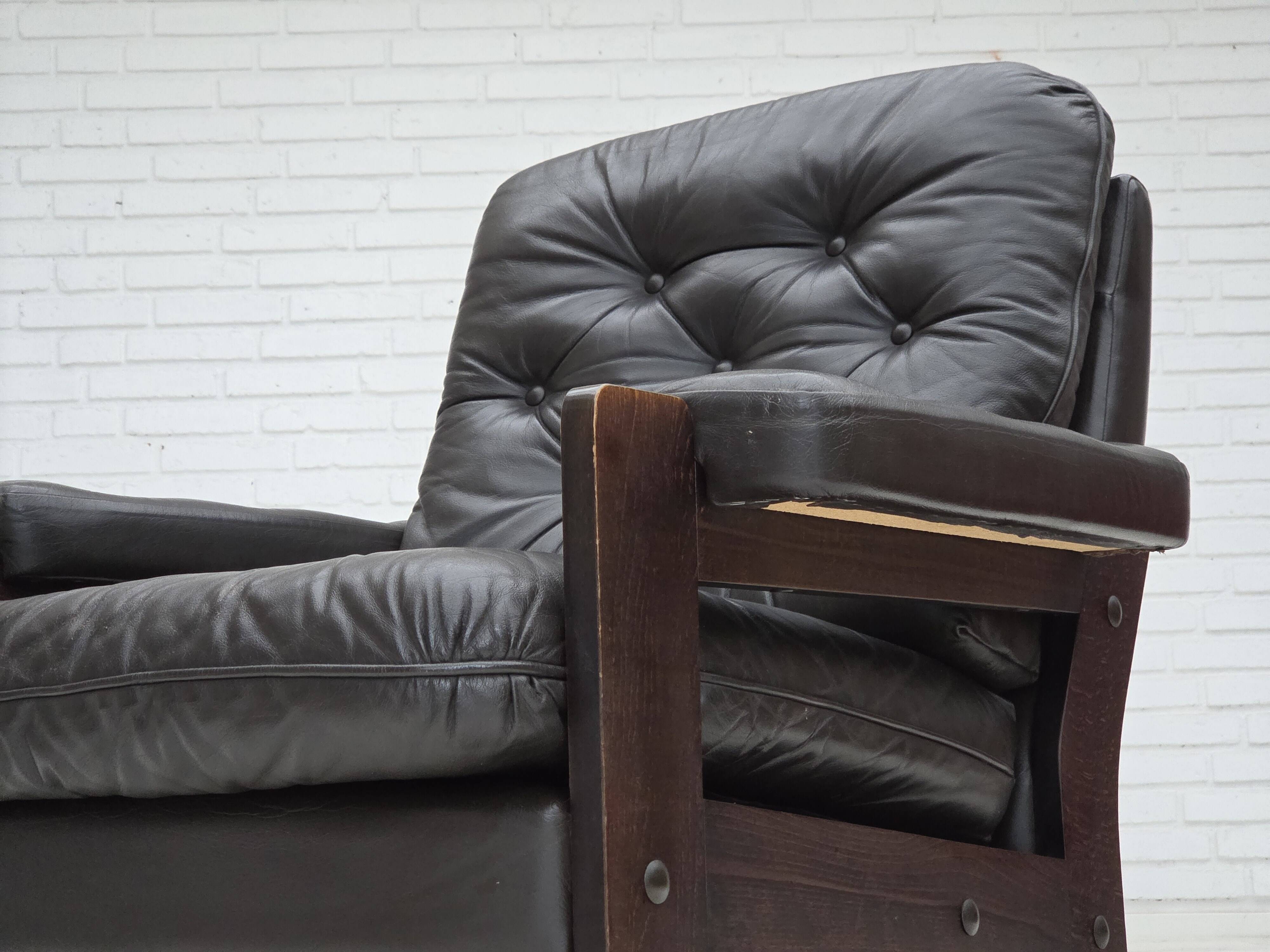 1970s, Danish armchair, brown furniture leather, oak wood.
