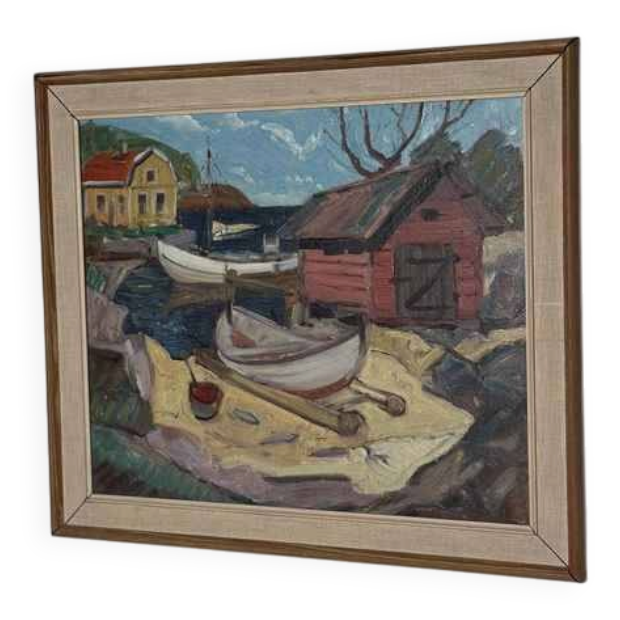 Huile sur toile suédoise d'époque mi-siècle – « Maison de bateau » par Nils Öberg – Vintage et encadrée – 53,5 × 45,5 cm (21,1" × 17,9")