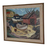 Huile sur toile suédoise d'époque mi-siècle – « Maison de bateau » par Nils Öberg – Vintage et encadrée – 53,5 × 45,5 cm (21,1" × 17,9")