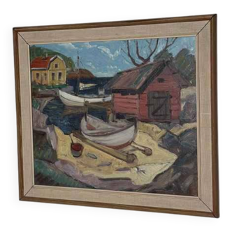 Huile sur toile suédoise d'époque mi-siècle – « Maison de bateau » par Nils Öberg – Vintage et encadrée – 53,5 × 45,5 cm (21,1" × 17,9")
