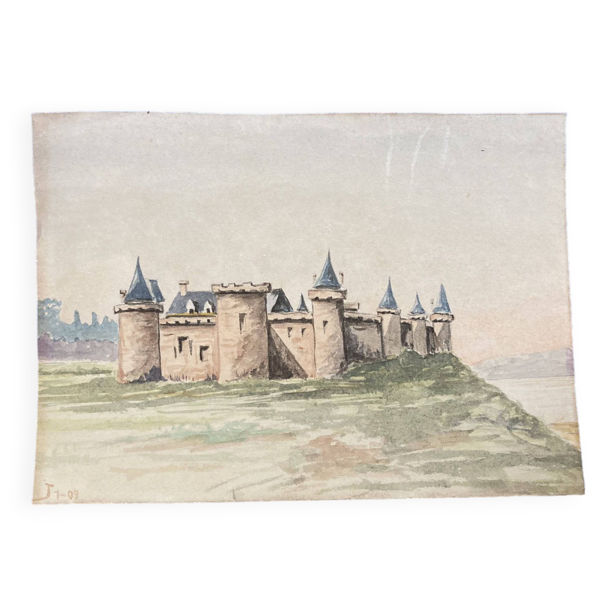 Double-sided watercolor castle landscape