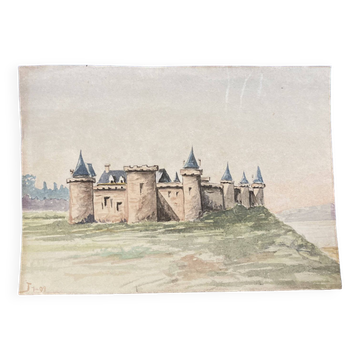 Double-sided watercolor castle landscape