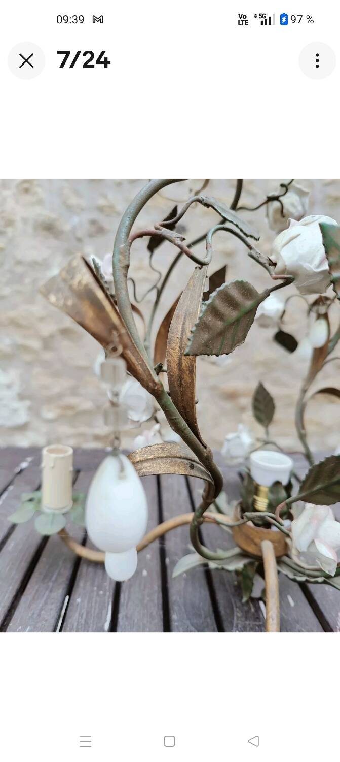 Italian cage chandelier decorated with ceramic roses and glass paste pendants
