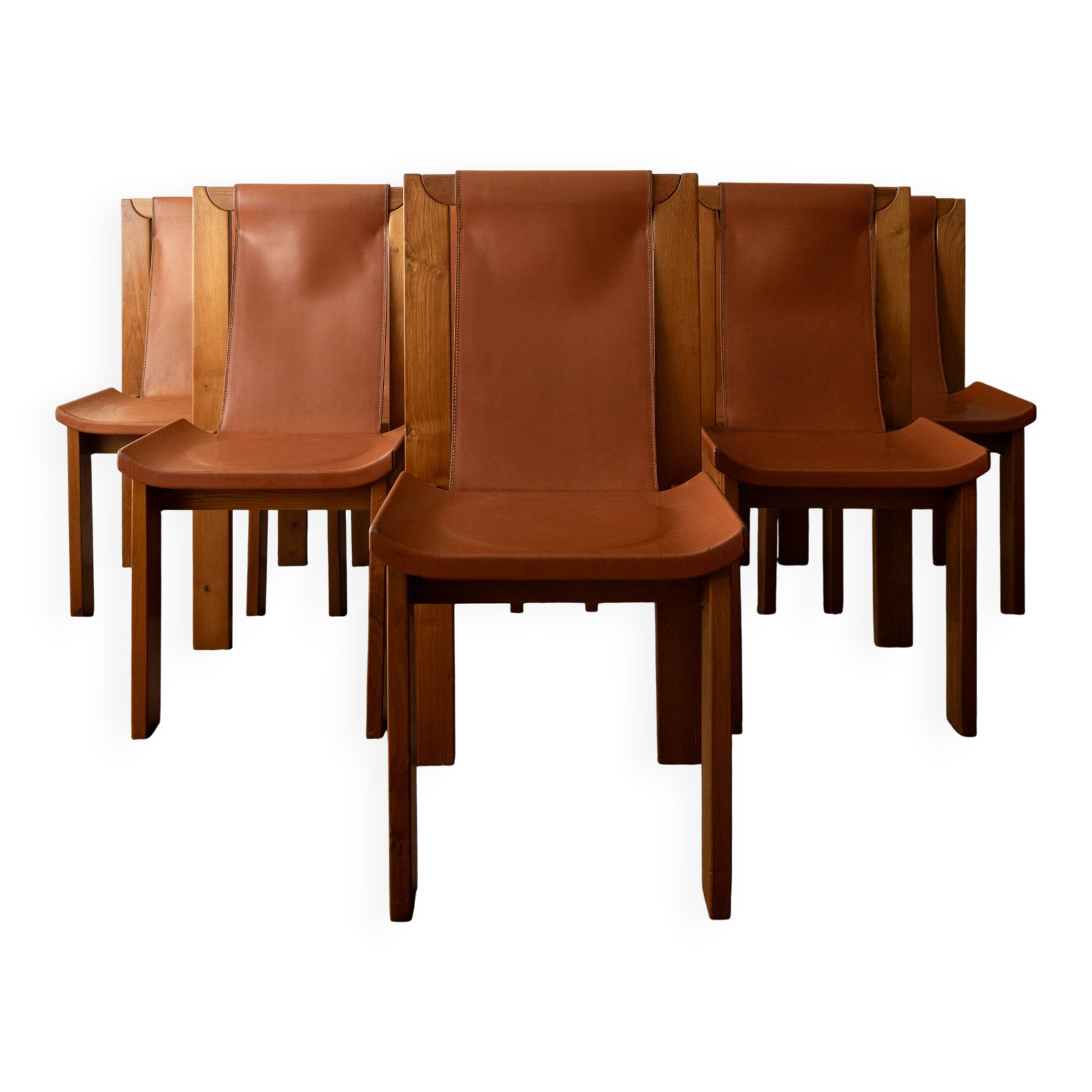 Wood Leather Dining Chairs Luigi Gorgoni Roche Bobois, 1970s, Set of 7