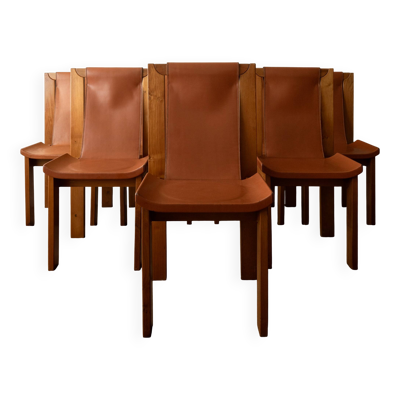 Chaises de salle à manger en bois et cuir Luigi Gorgoni Roche Bobois, années 1970, ensemble de 7.