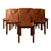 Chaises de salle à manger en bois et cuir Luigi Gorgoni Roche Bobois, années 1970, ensemble de 7.