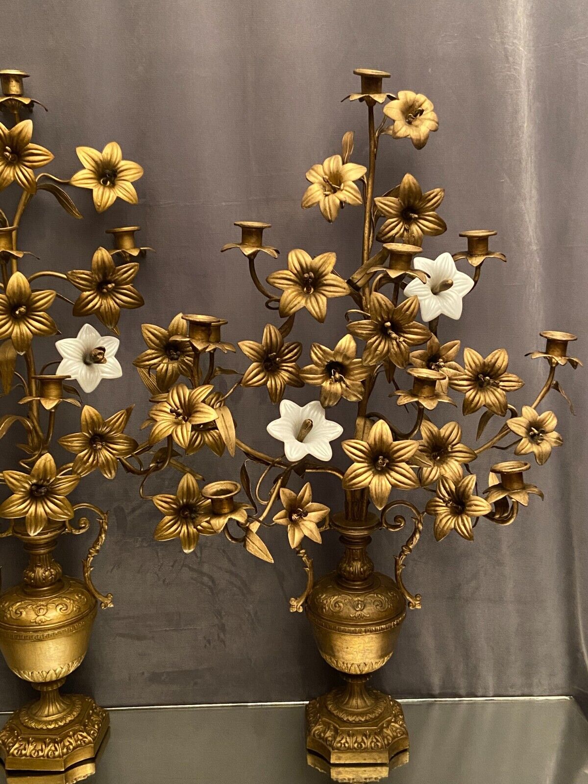 Pair of church candlesticks decorated with brass and opaline flowers nineteenth
