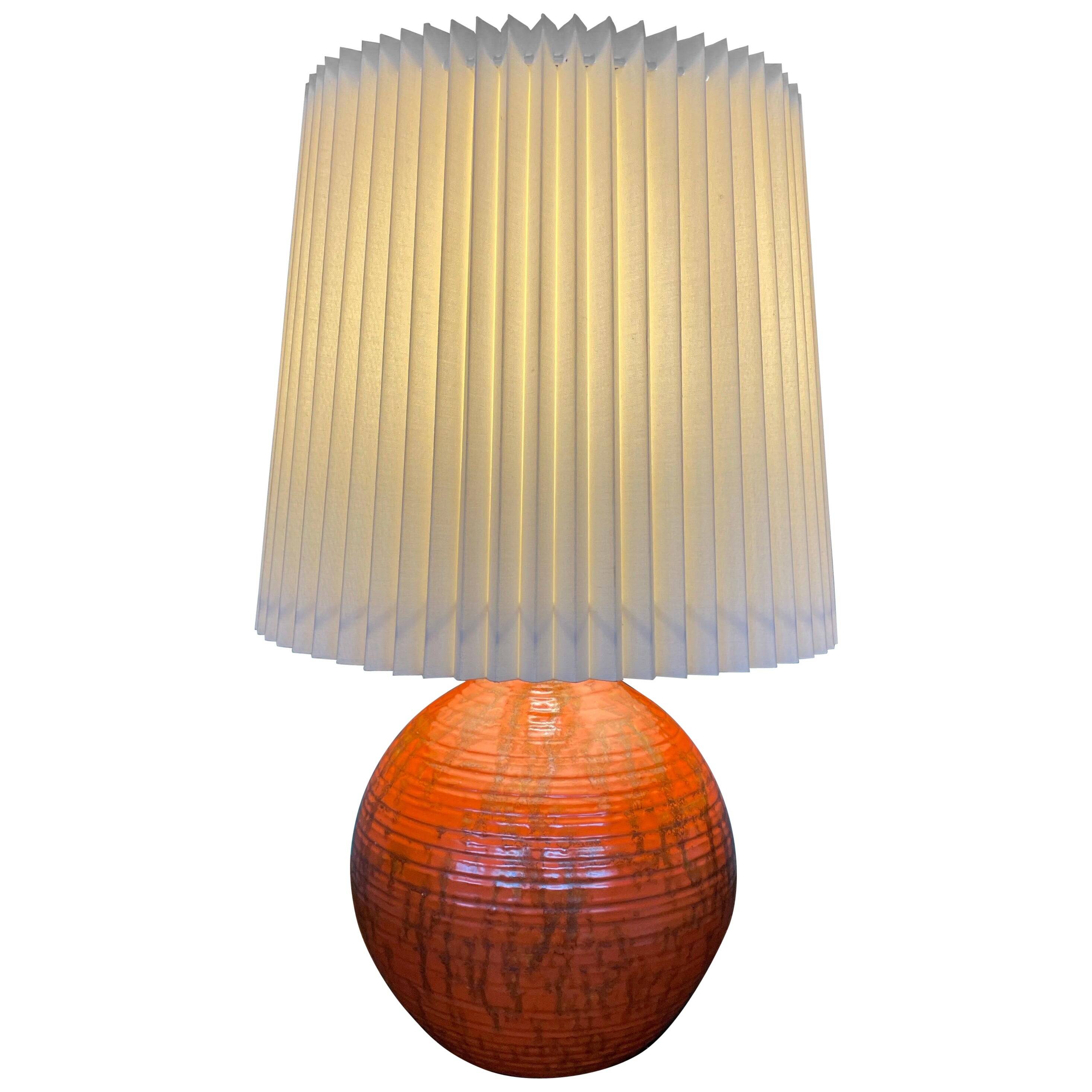 Art Deco HAK Herman Kähler Pottery Lamp, c.1930s Orange Globe with Brass Details