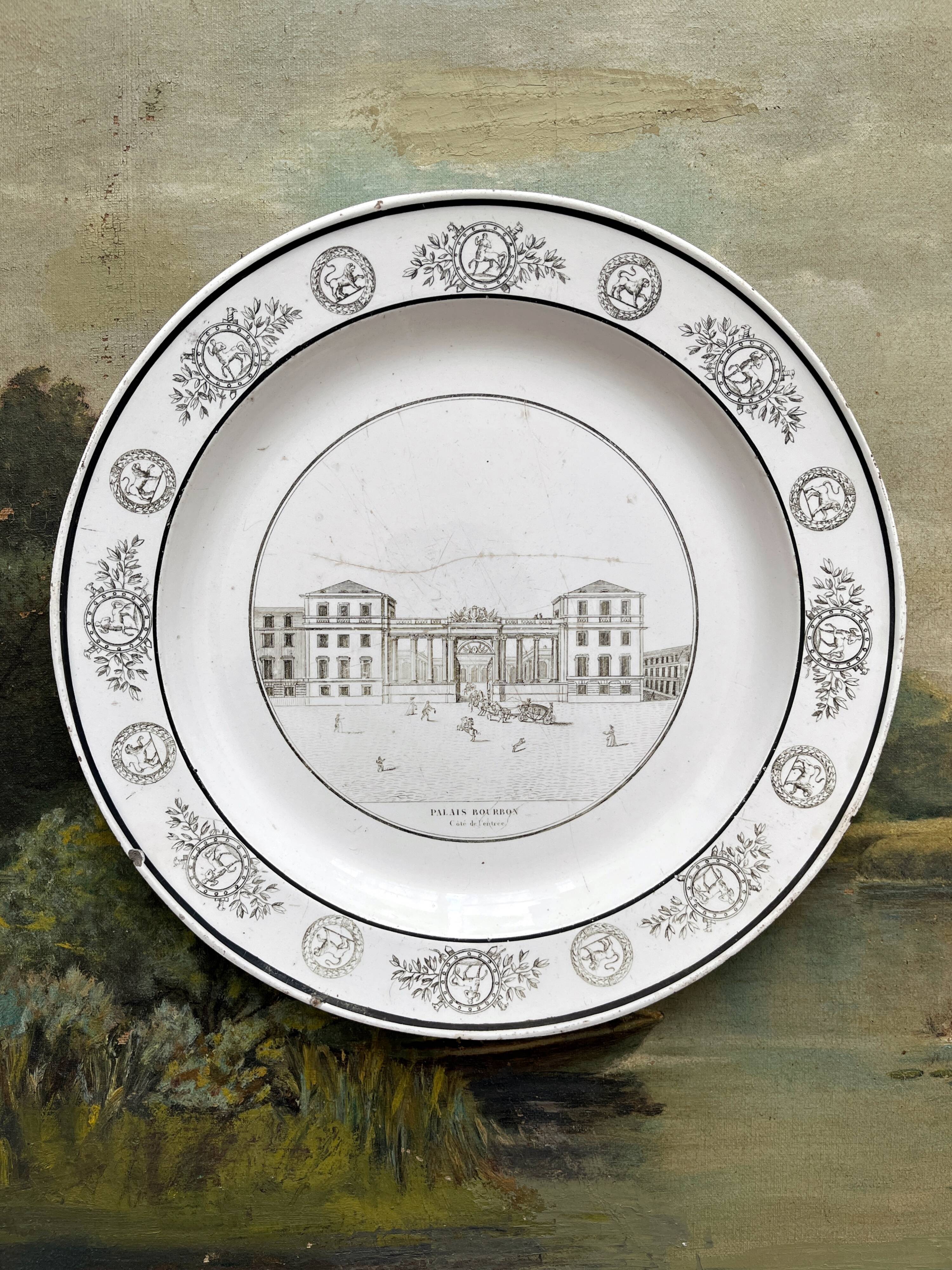 Antique fine earthenware plate "Palais Bourbon" Creil, early 19th century