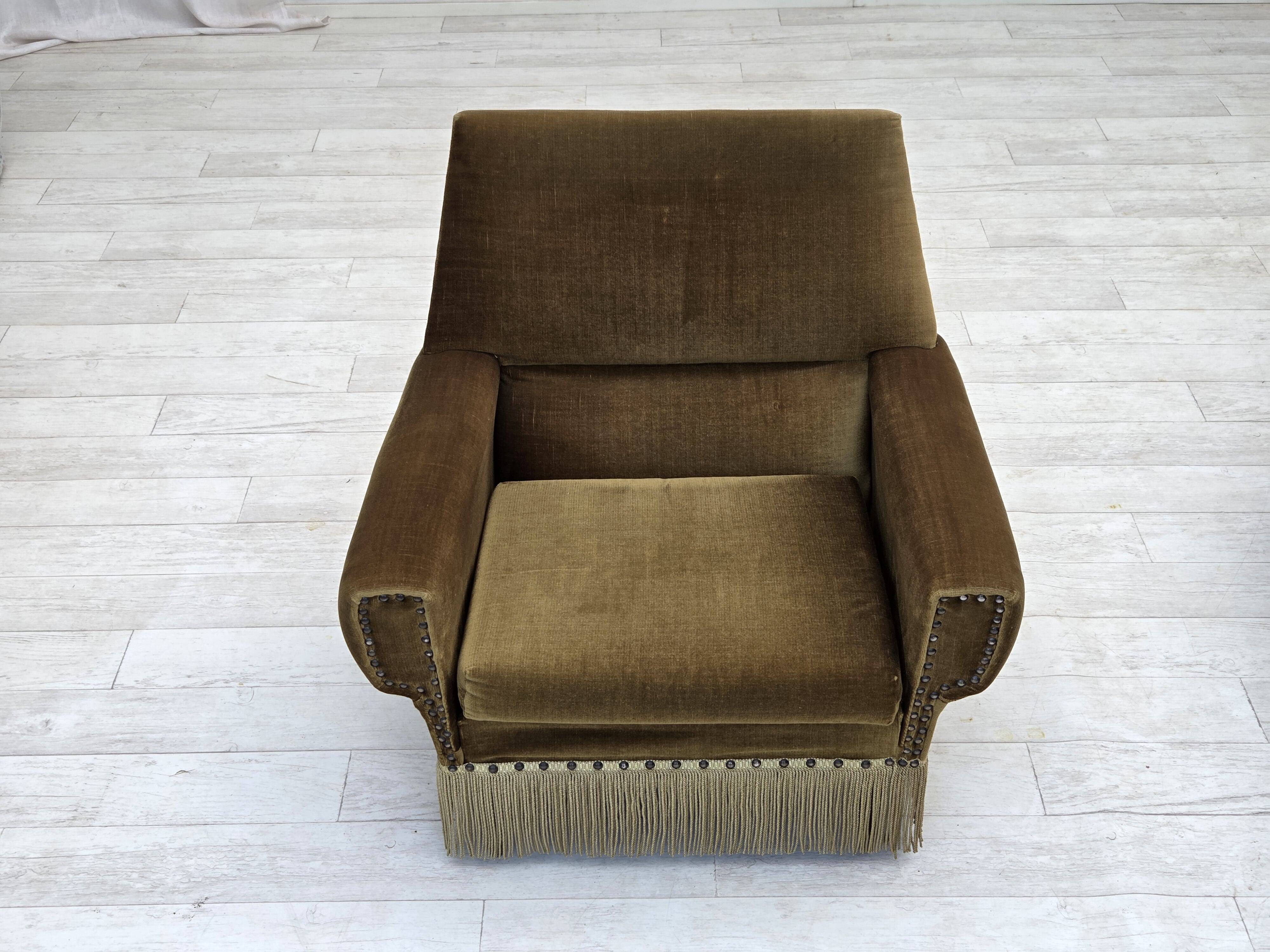 1970s, Danish armchair, green furniture velour, ash wood legs.