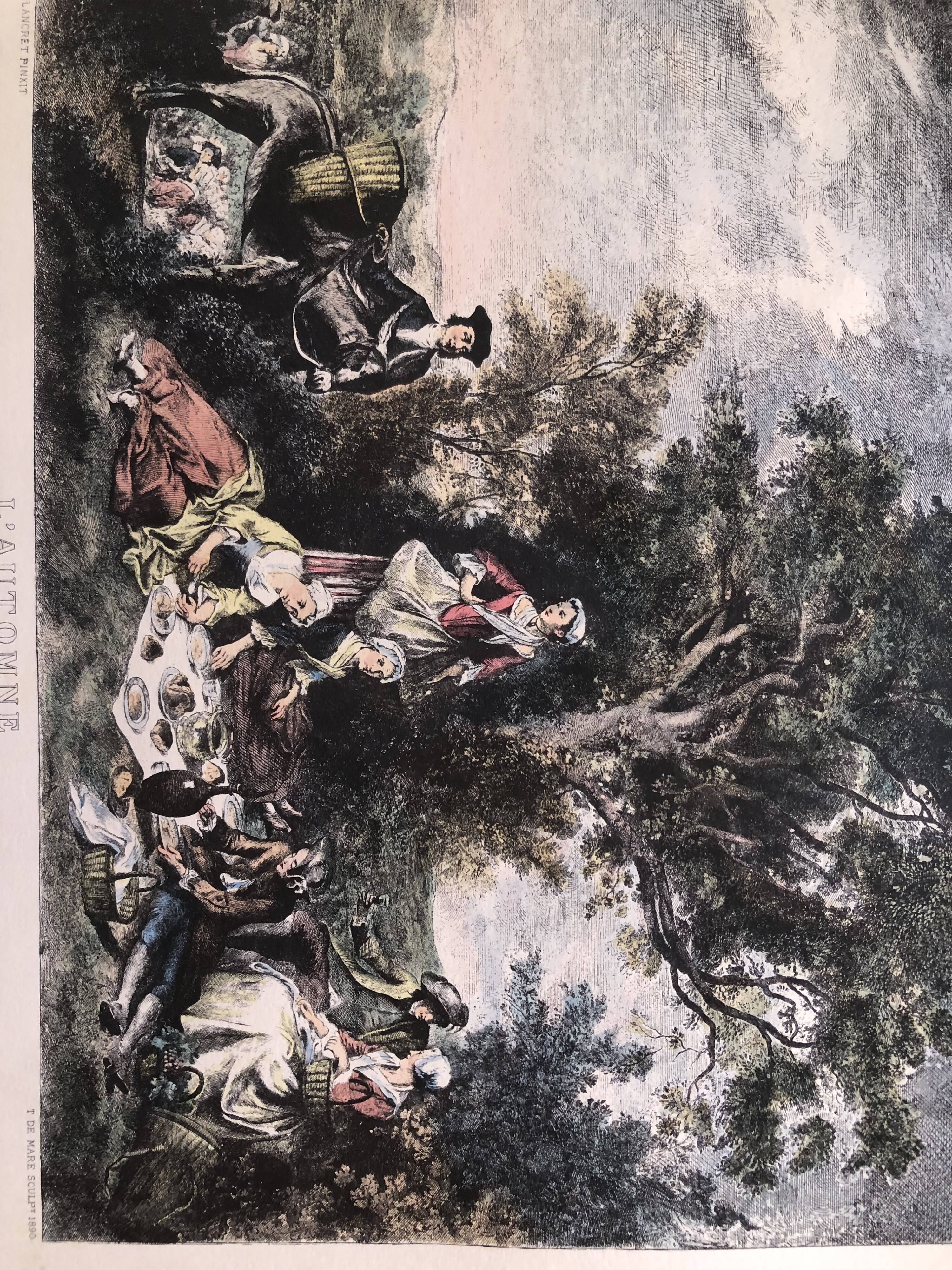 Set 4 lithograph les saisons after nicolas lancret, engraver chapollion and de mare, 20th century print