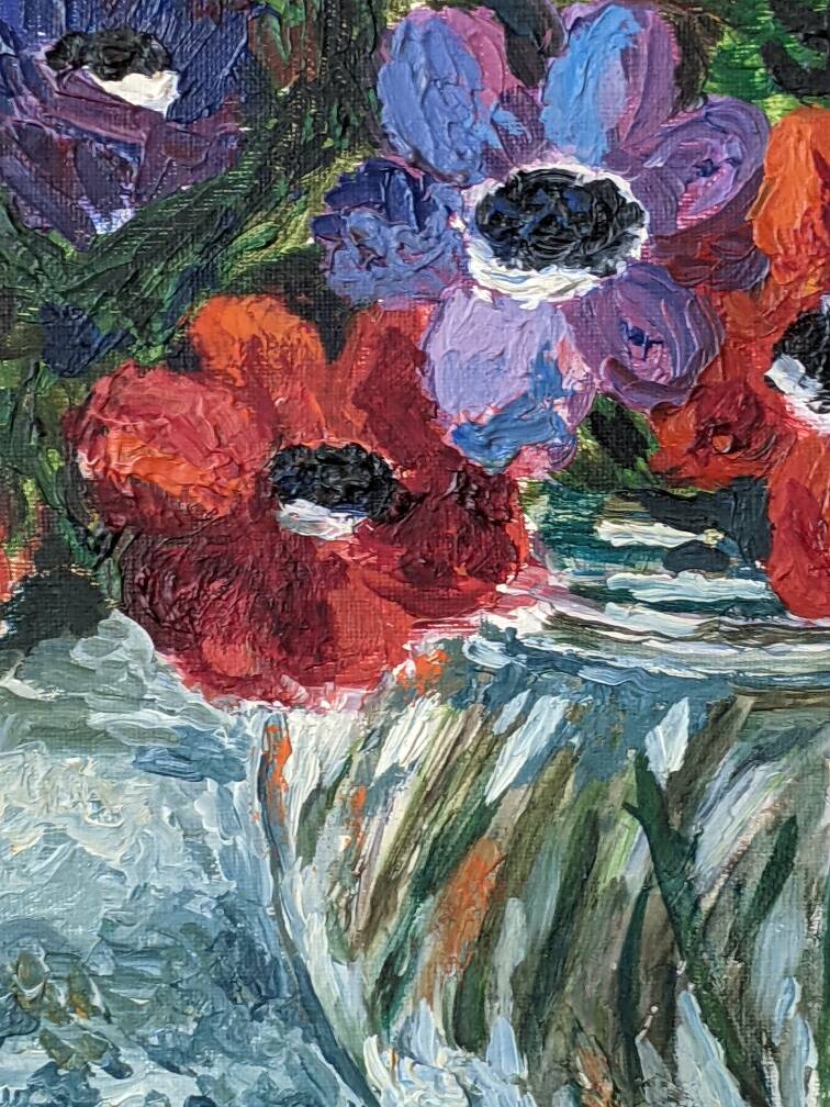 Antique painting still life old acrylic on canvas bouquet of flowers